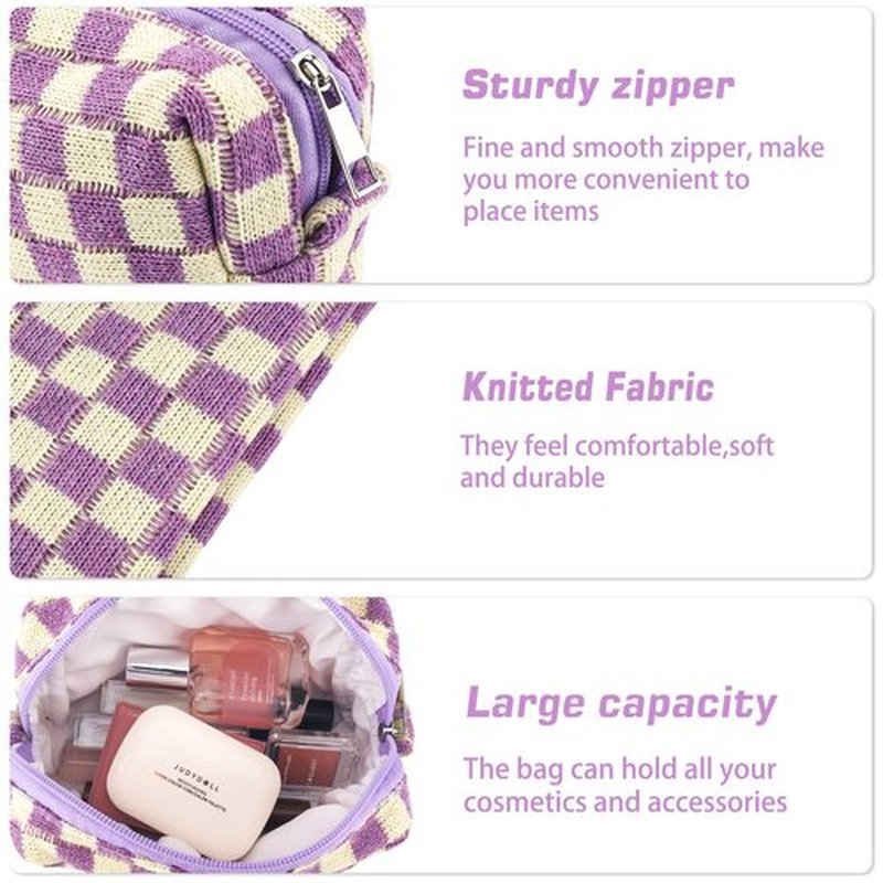 2Pcs Checkered Makeup Bag for Women Girls Pencil Pouch Travel Small Cosmetic Bag Set Cute Makeup Pouch Purse Pencil Case Pencil Bag Zippered Toiletry Bag Organizer Preppy Trendy Storage Bag(Purple)