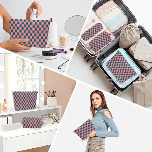 LYDZTION Large Capacity Makeup Bag Set - 3 Pieces Checkered Cosmetic Bag for Women Travel Makeup Bag Organizer Cute Makeup Brushes Storage Bag Travel Toiletry Bag,Green and Rose Red