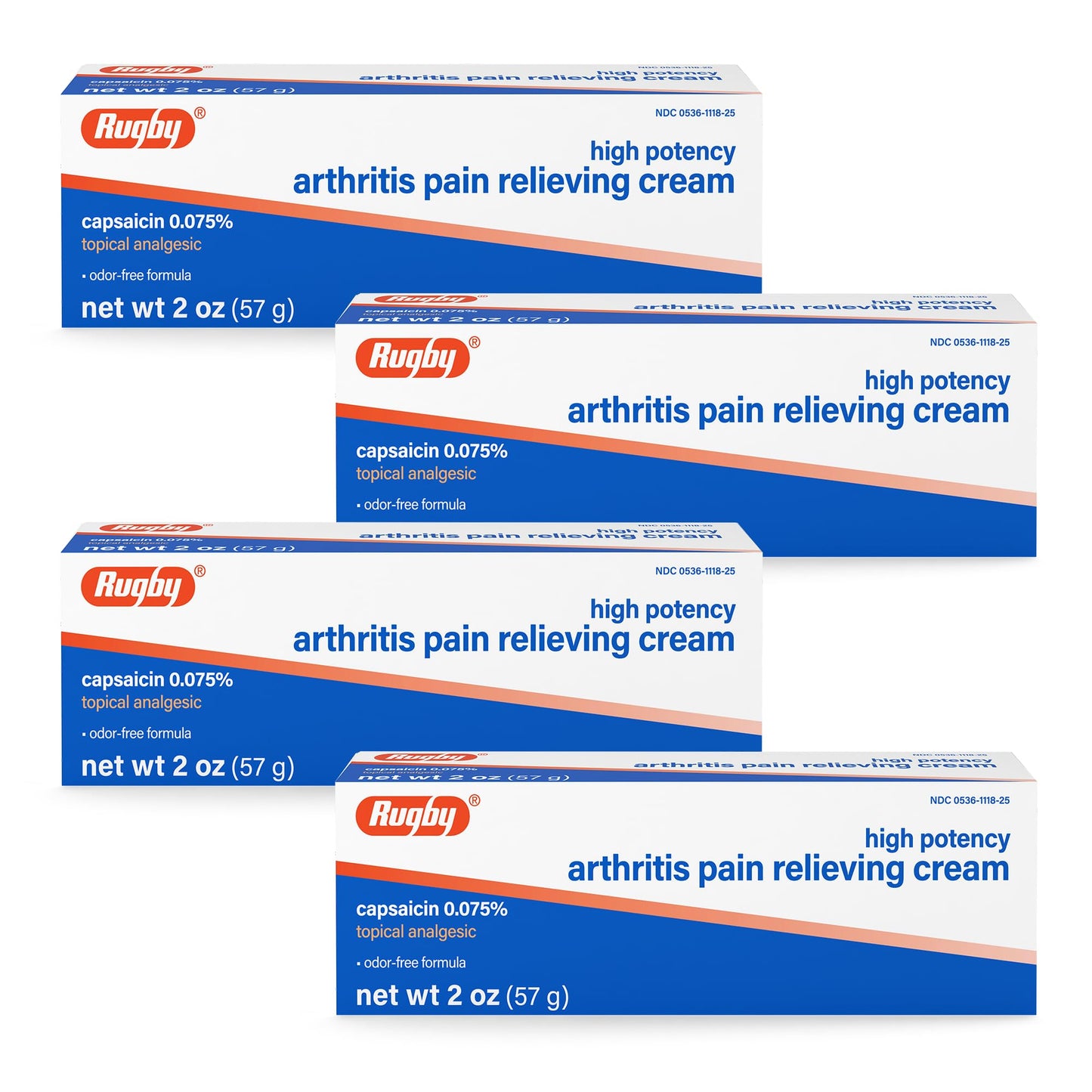 Rugby High Potency Capsaicin 0.075% Cream - Pain Relief Cream for Arthritis - 2 Oz (57g), (4 Pack)