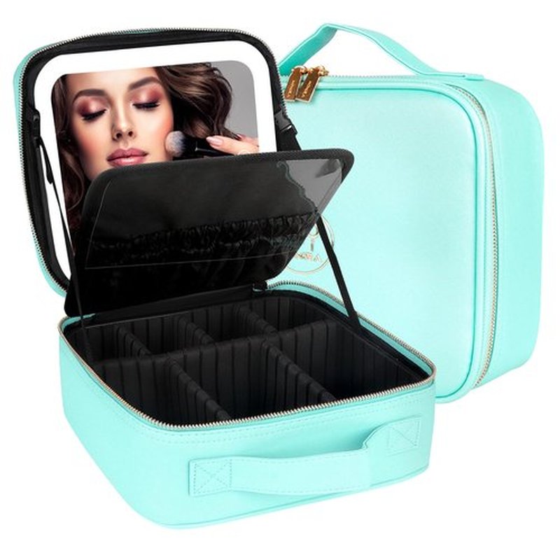 MOMIRA Makeup Bag with Mirror and Light Travel Makeup Train Case Cosmetic Bag Organizer Portable Artist Storage Bag with Adjustable Dividers Makeup Brushes Storage Organizer Aqua Blue