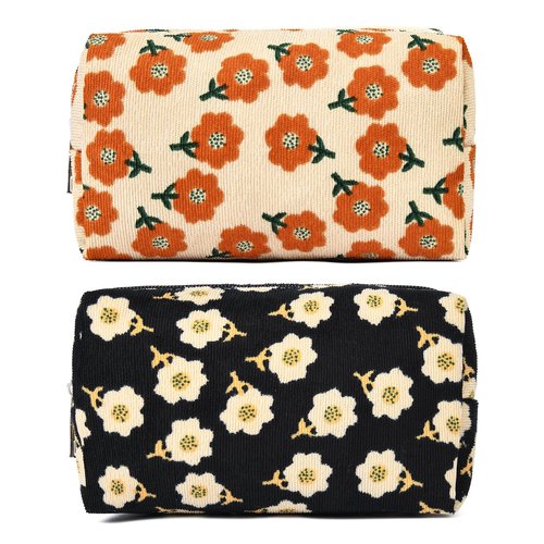 SOIDRAM 2 Pieces Makeup Bag Floral Cosmetic Bag Purple Blue Makeup Pouch Travel Toiletry Bag Organizer Cute Makeup Brushes Storage Bag for Women