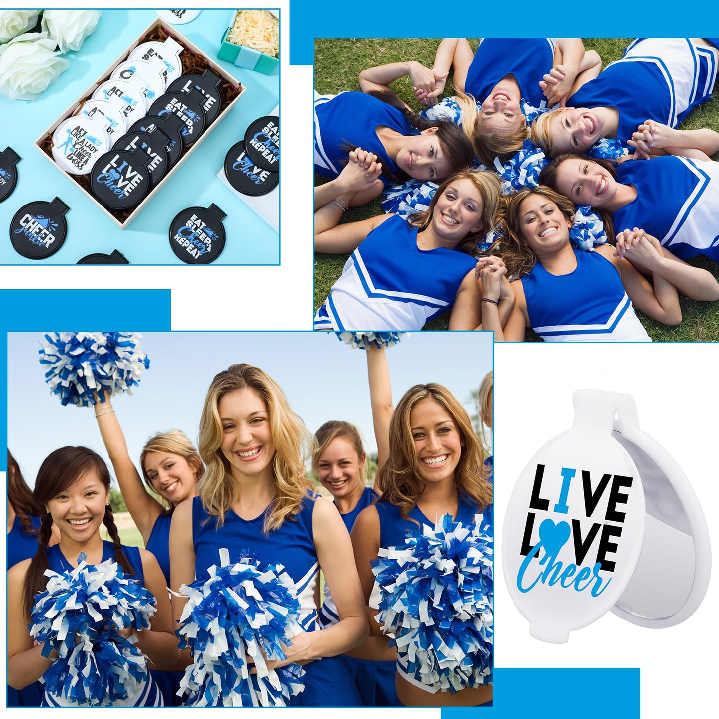Wenqik 50 Pcs Cheerleader Mirror Gifts Cheerleading Compact Mirror Bulk Folding Pocket Mirror Cheer Party Favors for Team(Blue Cheer)
