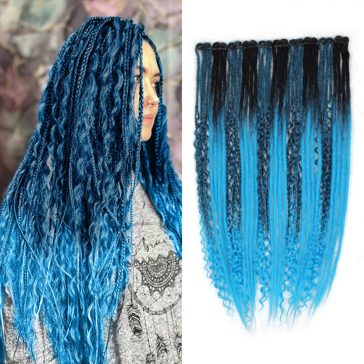 24 Inch Clip in Dreadlock Hair Extensions 10Clips 40 Strands Mixed Synthetic Dreads Extensions for Women,Handmade Soft Straight Boho Wavy Dreads,1B/Blue