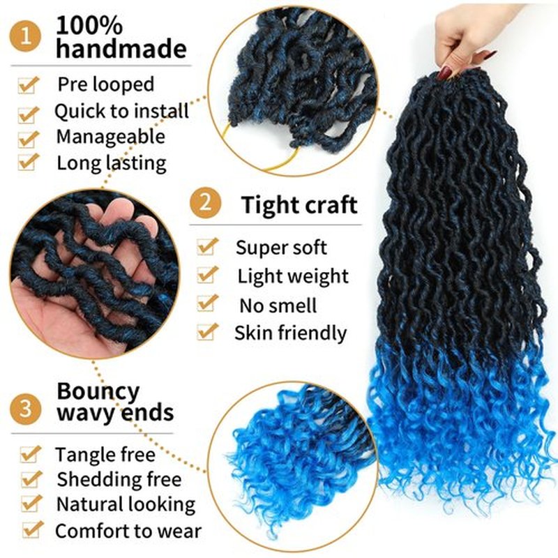 Faux Locs Crochet Hair 18 Inch 6 Packs Ombre Blue Goddess Faux Locs Crochet Hair Pre Looped Crochet Goddess Locs with Curly ends(18 Inch,6 Packs,1B/Blue)