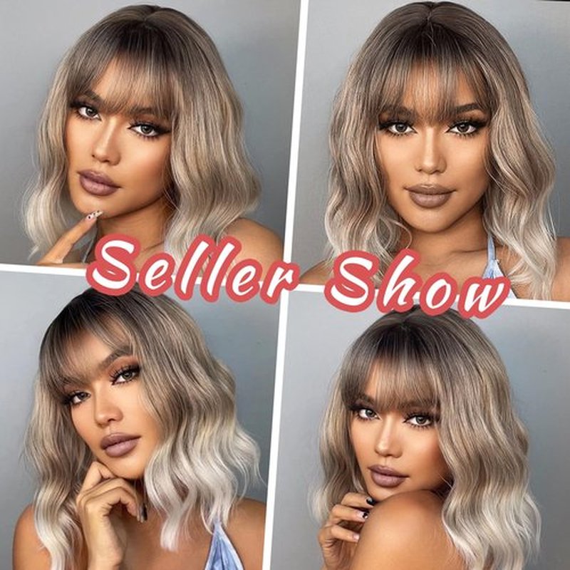 LINGHANG Ombre Blonde Wigs for Women Short Wavy Wig with Bangs Ash Blonde Bob Wig with Dark Roots Medium Length Natural Synthetic Hair for Daily Party,Cosplay