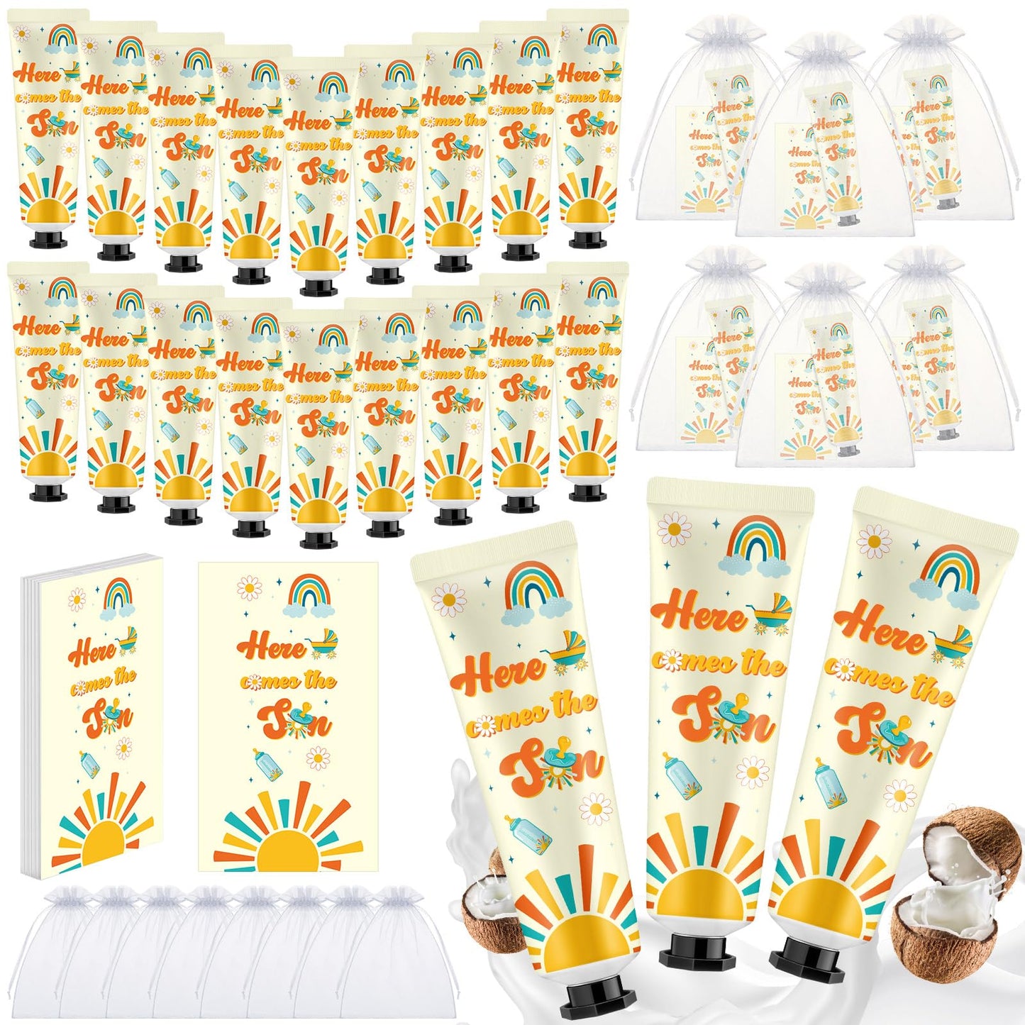 Swiffen 24 Sets Here Comes The Son Baby Shower Hand Cream Bulk Sunshine Baby Shower Favors Hand Cream for Guests Travel Size Lotion with Organza Bags
