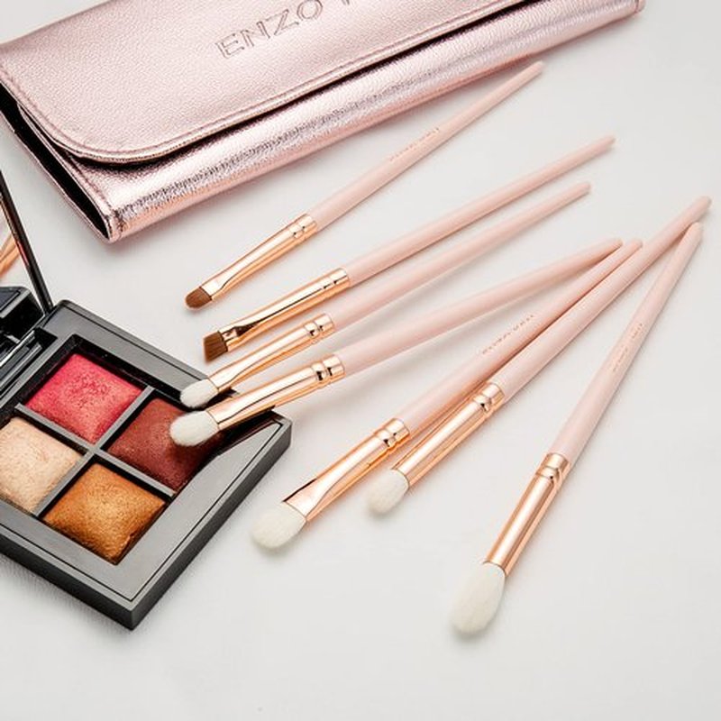 ENZO KEN Fine Angled Winged Eyeliner Brush and Flat Eyebrow Brush, Copper Flat Liner Brush, Ultra Thin Eyeliner Brush for Liquid Gel, Firm Eyeliner Brush Eye Brow Brush, Pro Precision Eye Makeup -Pink
