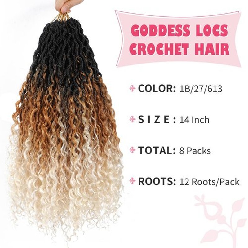 Alicoco Goddess Locs Crochet Hair 14 Inch 8 Packs Faux Locs Crochet Hair For Women Boho Soft Locs Pre-looped River Crochet Locs With Curly Ends (14 Inch (Pack of 8), 1B/27/613)