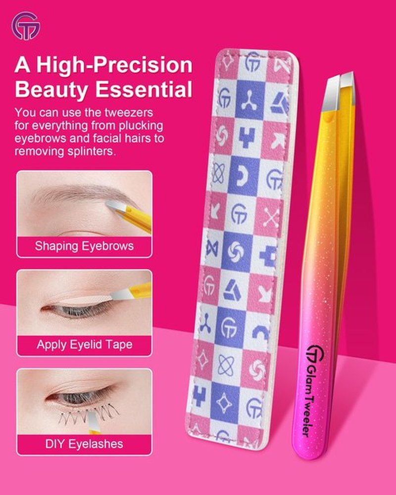 Expert Eyebrow Hair Removal Tweezer with Leather Case, GlamTweeler High Precision Slant Tip Stainless Steel Tweezers for Men and Women (Sparkle Fuchsia & Yellow)