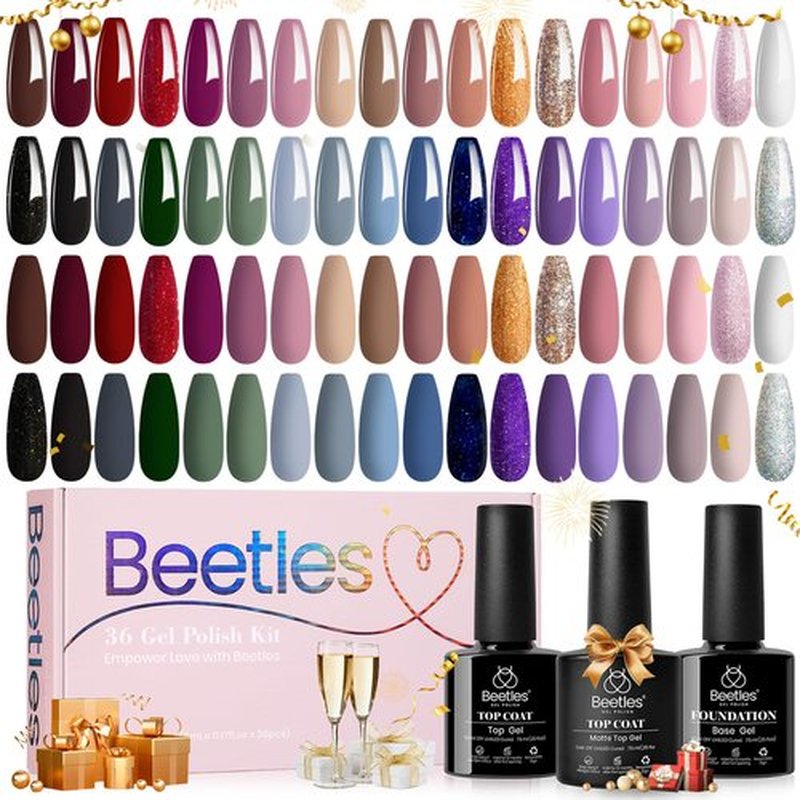 Beetles Gel Nail Polish Set, 36 Colors Neutral Pink Red Blue Green Brown Gold Glitter Gel Nail Polish with Base Coat Glossy Matte Top Coat Gel Polish Spring Gel Valentines Gifts for Women