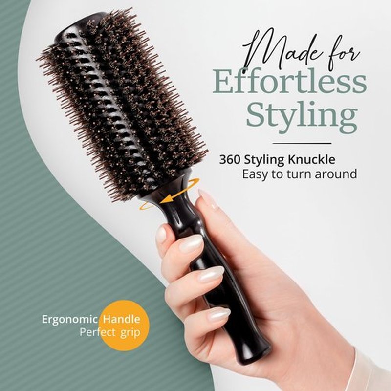 Boar Bristle Round Brush for Blow Out Set by Belula. Round Hair Brush For Blow Drying. Small 2” Wooden Barrel. Hairbrush Ideal to Add Volume and Body. Free 3 x Hair Clips & Travel Bag