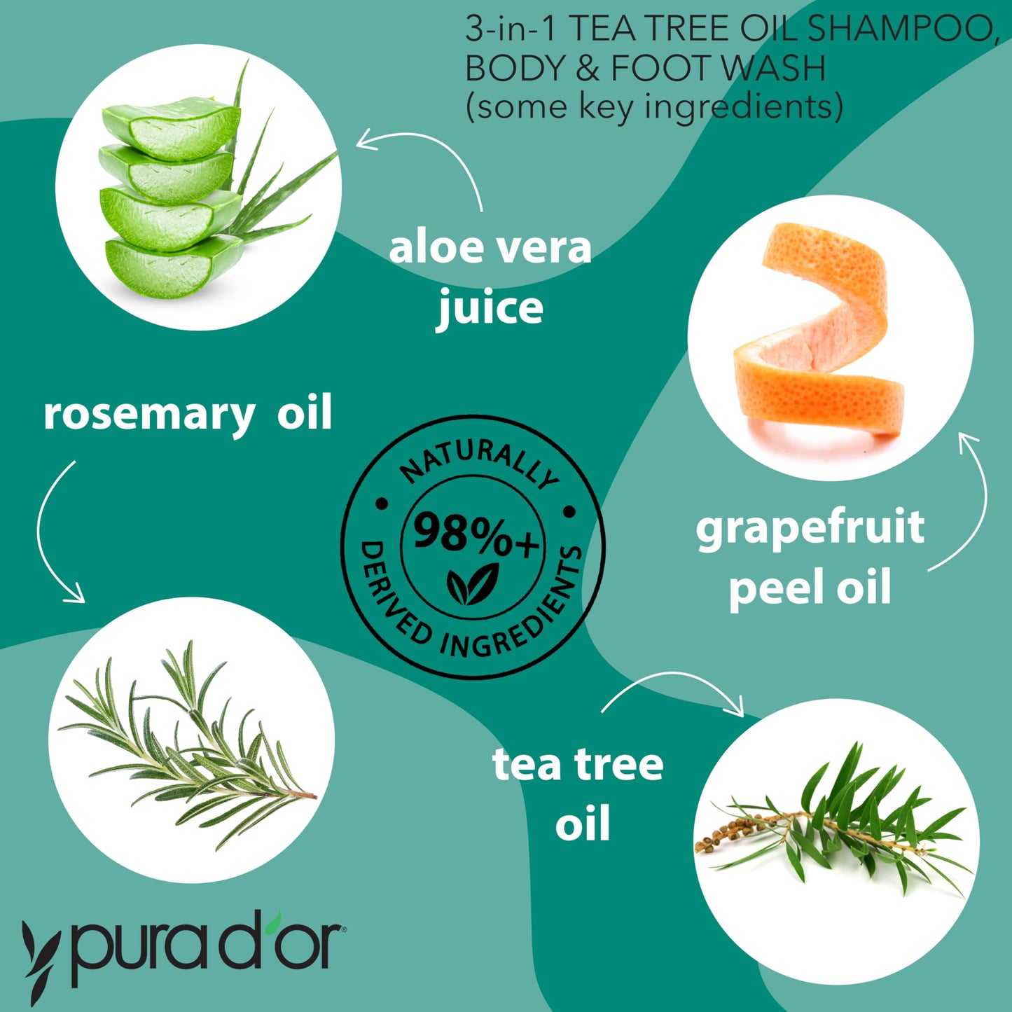 PURA D'OR 3-in-1 Tea Tree Shampoo, Body & Foot Wash, Shampoo (16oz x3 = 48oz) Total Body Care - Foot Odor & Daily Hygiene, Cleansing Routine, Post-Workout Refreshment - Soothes, Invigorates, Nourishes