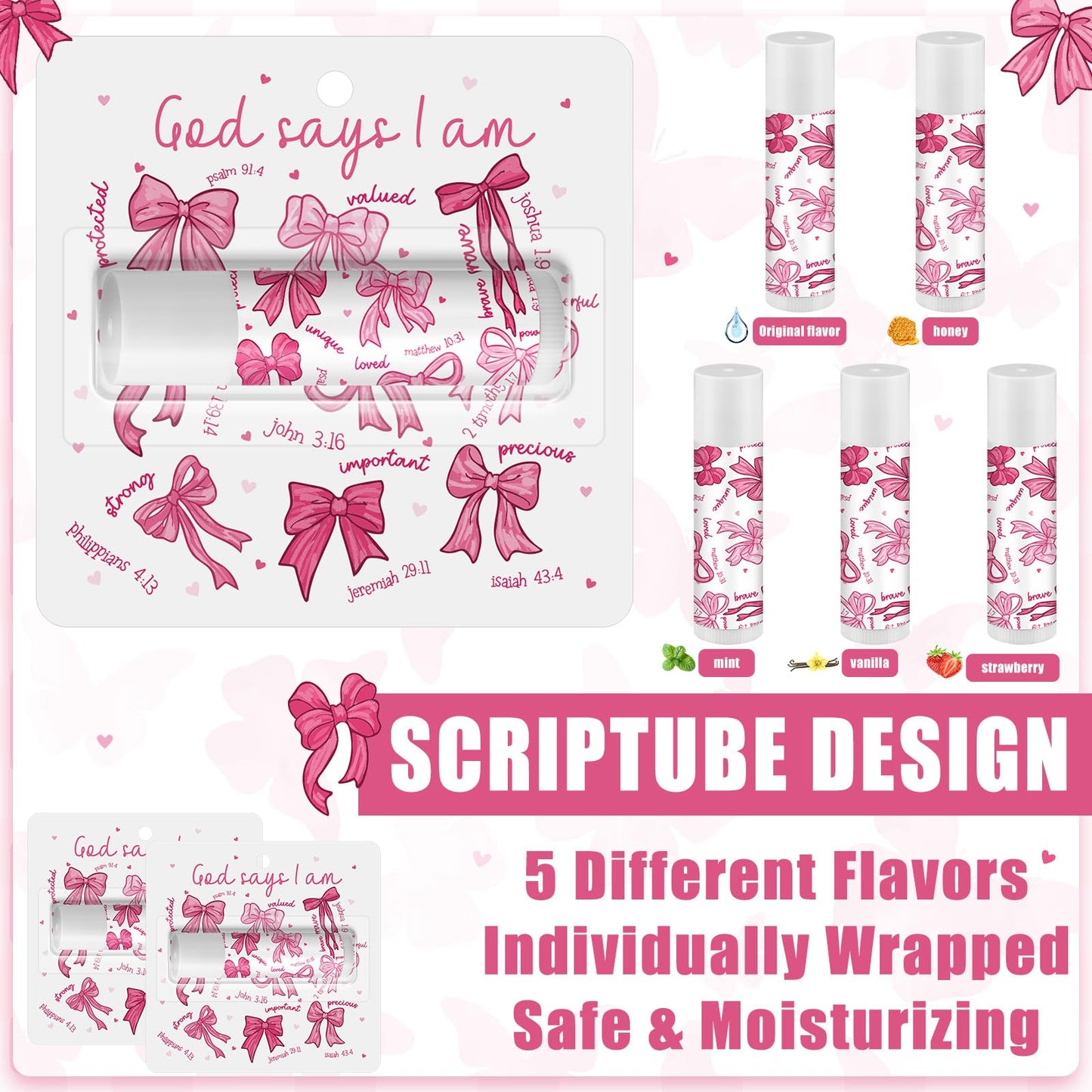 Sacubee 25 Pack Pink Bow Christian Gifts Bulk for Women Men Religious Lip Balms Bulk Church Party Favors Christmas Party Gifts Stocking Stuffers Bible Verse Study Supplies for Employee Staff Coworkers