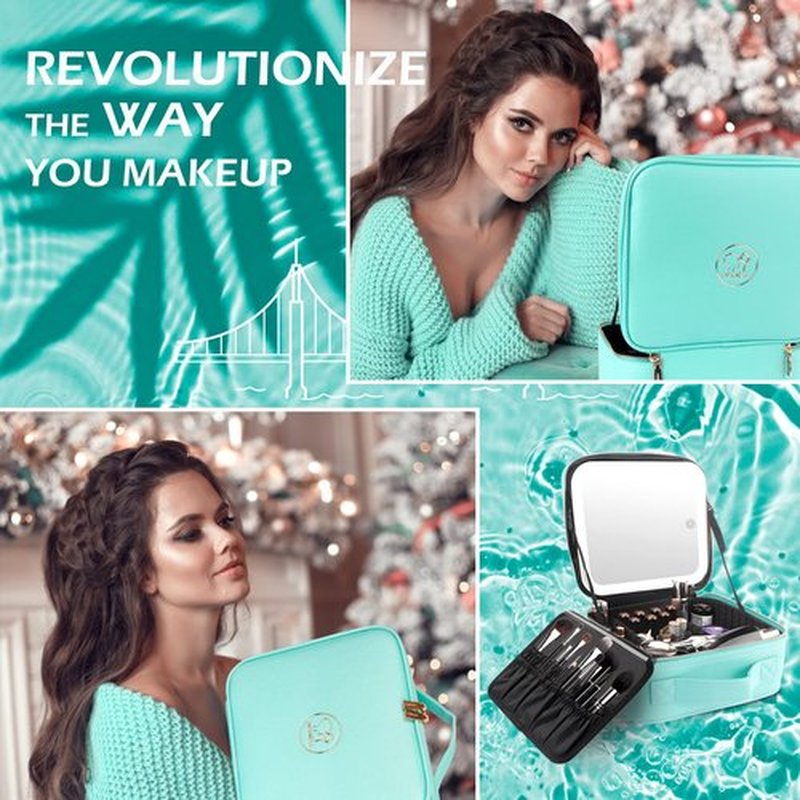 MOMIRA Makeup Bag with Mirror and Light Travel Makeup Train Case Cosmetic Bag Organizer Portable Artist Storage Bag with Adjustable Dividers Makeup Brushes Storage Organizer Aqua Blue