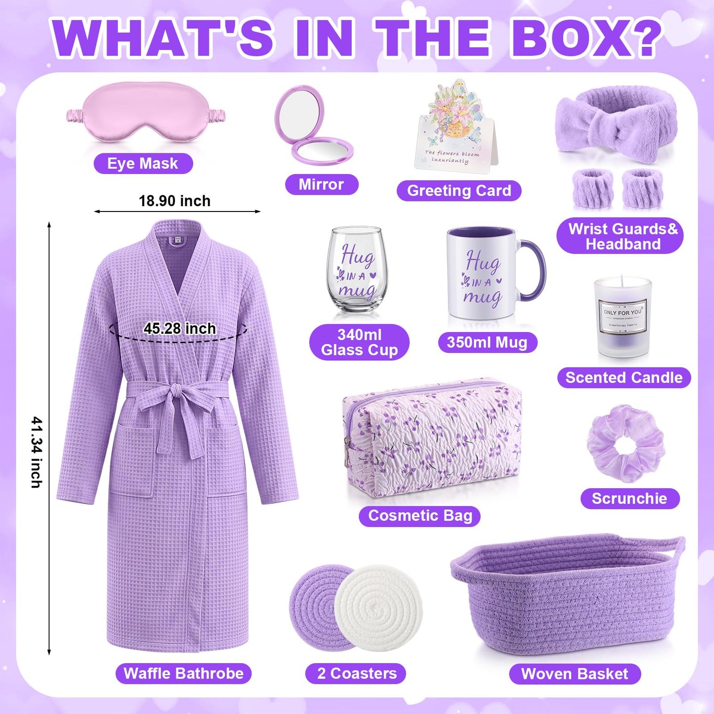 Afarnook 13 Pcs Birthday and Get Well Soon Gifts for Women Self Care Gifts Basket Spa Care Package with Robe Scented Candle for Her Mom Nurse Mother's Day(Purple)