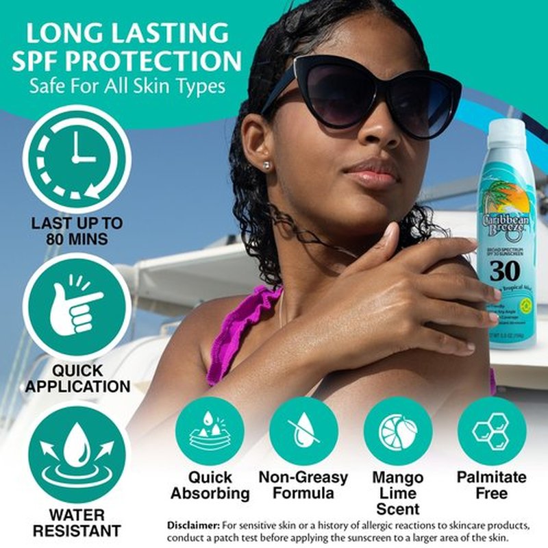 Caribbean Breeze Continuous Tropical Mist SPF 30 Sunscreen Spray, Reef Safe Sunscreen Spray, Up to 80 Minutes Water Resistant, 5.5 Ounces, 2 Pack