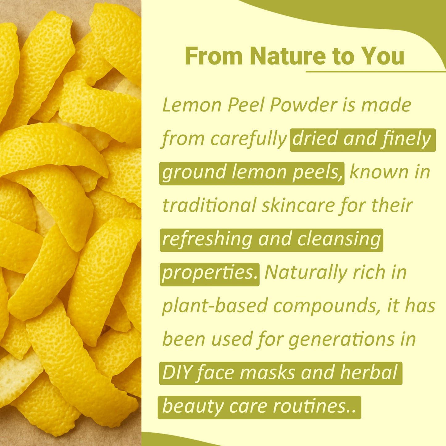 Lemon Peel (Citrus Limon) Powder by mi nature| 100% Pure and Natural | 227g,(8oz), (1/2 lb) | Vegan | Non-GMO | For Skin care | Used for Soap making | Stimulate hair growth