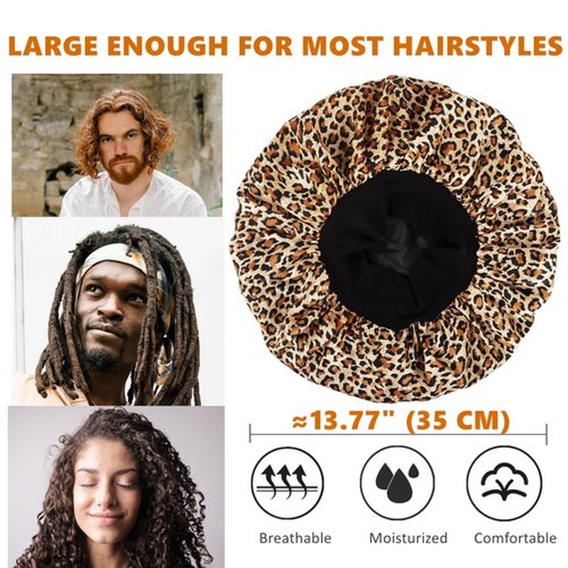 Bonnet for Men,Hair Bonnet for Sleeping,Double Layer Satin Bonnets for Black Women Curly Hair Braids,Reversible Sleep Cap (Large,Black/Leopard)