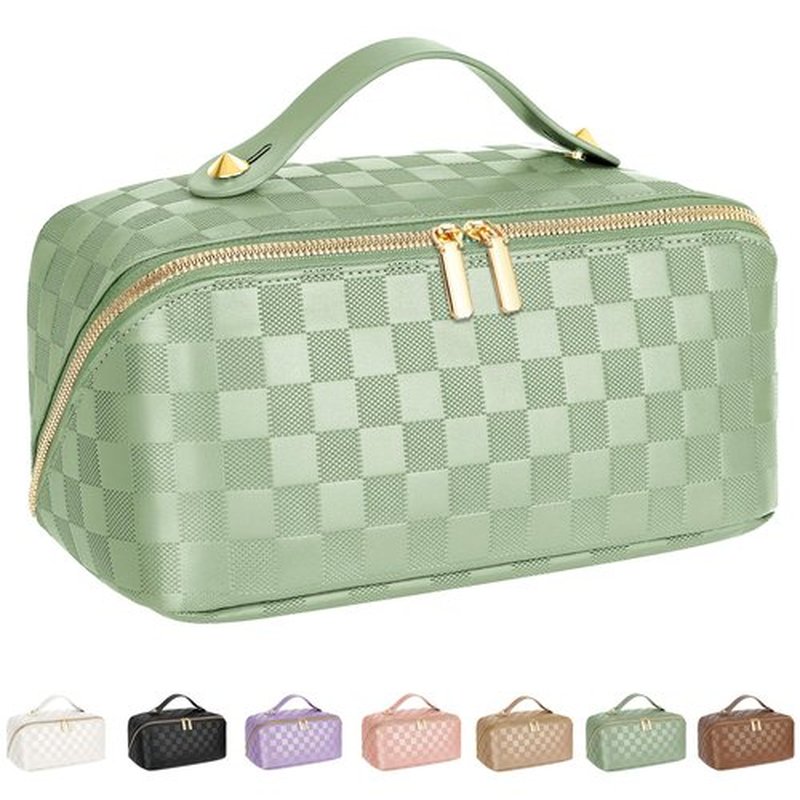 ALEXTINA Travel Makeup Bag, Vegan Leather Large Capacity Cosmetic Bags for Women,Waterproof Portable Pouch Open Flat Toiletry Bag Makeup Bag Organizer with Fixed Divider, Green