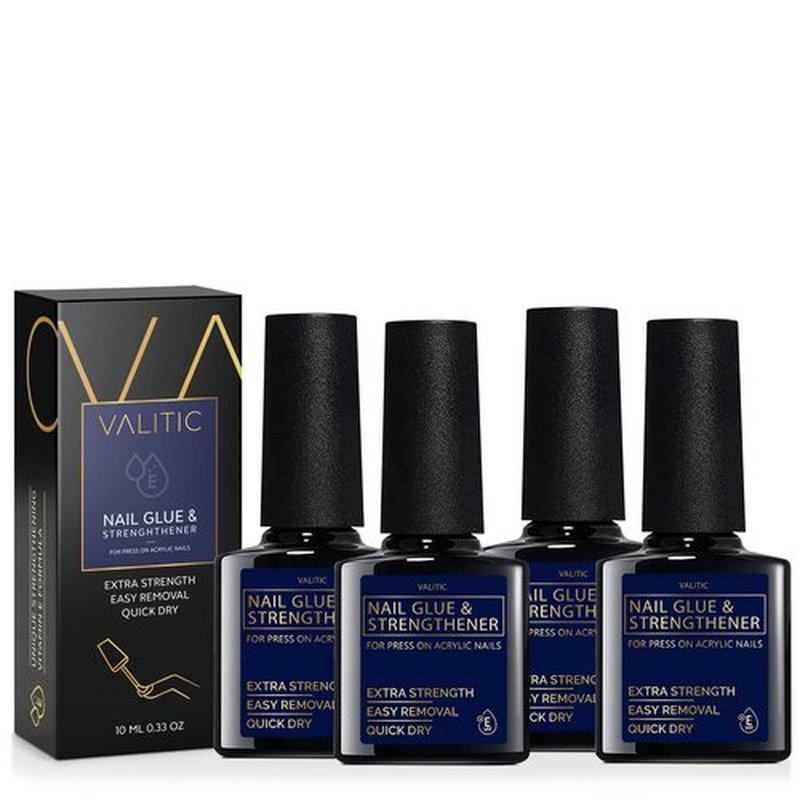 Valitic Nail Glue and Strengthener for Acrylic and Press On Nails - Quick Dry Brush On Nail Gel for Long Lasting Nails - Adhesive Nail Bond for False Nails - Nail Strengthener for Nail Tips - 4 PACK