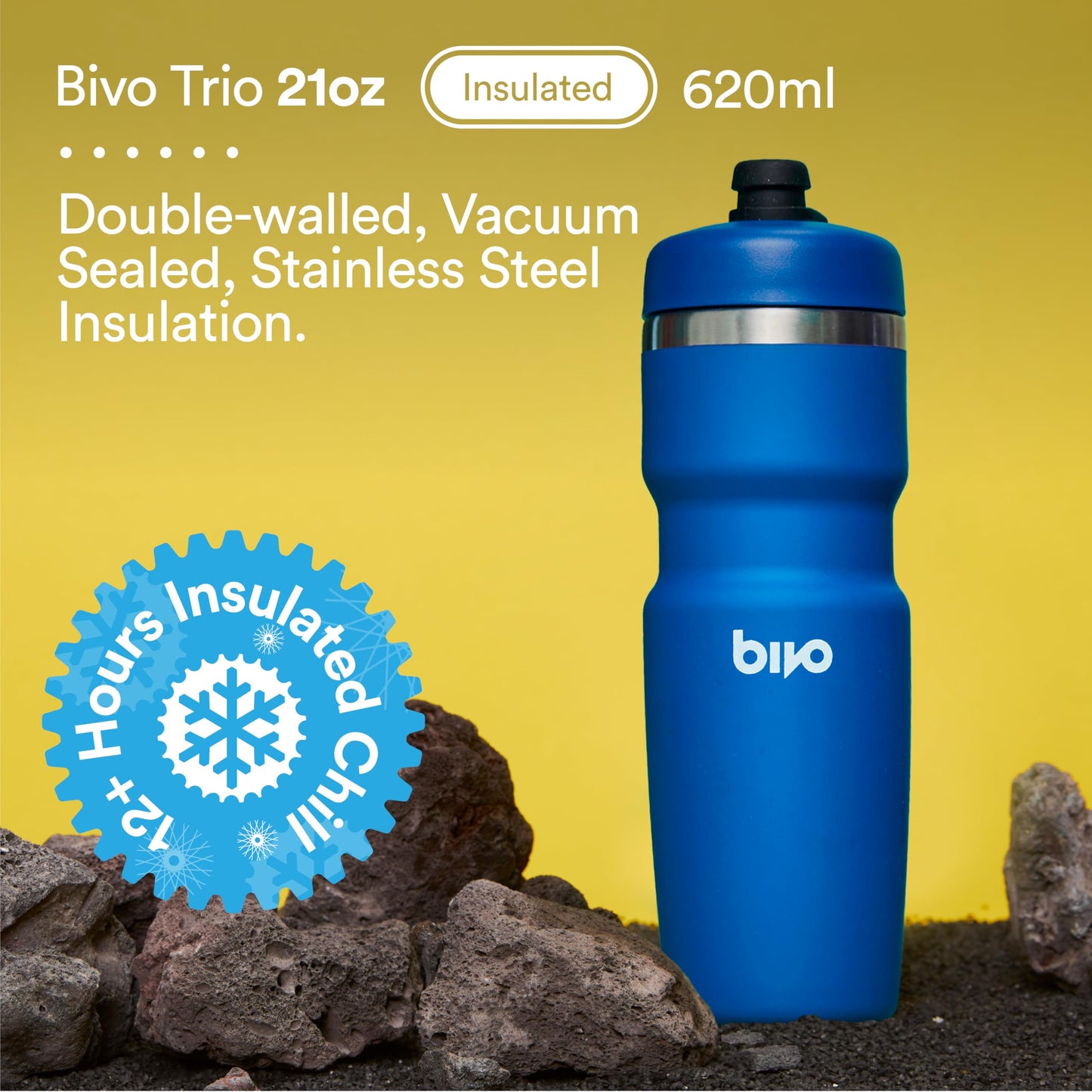 Bivo Trio 21oz Insulated Stainless Steel Bike Water Bottle - for Cycling - Fits Most Cages, Dishwasher Safe, High Flow Sports Nozzle - Keeps Drinks Cold 12+ Hours - Black