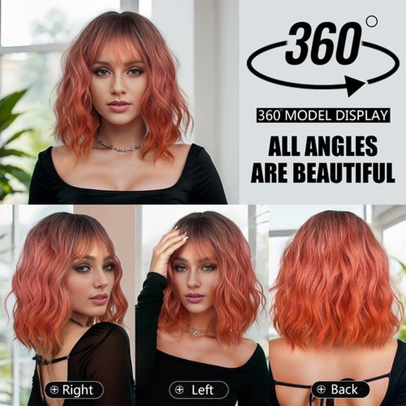 MUPUL Ombre Pink Wig Short Body Wavy Bob Wigs for Women With Bangs Shoulder Length Synthetic Cosplay Party Wig for Girls Daily Use Colorful Wigs