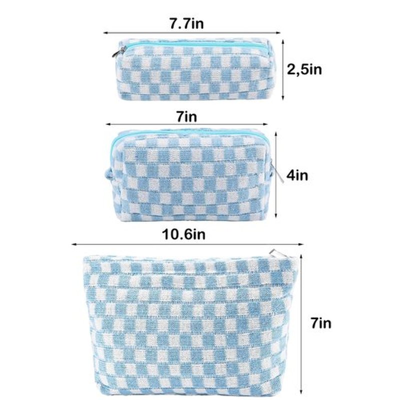 ZLFSRQ 3Pcs Checkered Makeup Bag for Women Large Cosmetic Bag Set Travel Toiletry Bag Makeup Pouch Bag for Purse Blue Zipper Storage Bag Organizer Cute Small Aesthetic Girls Car Essentials Bag