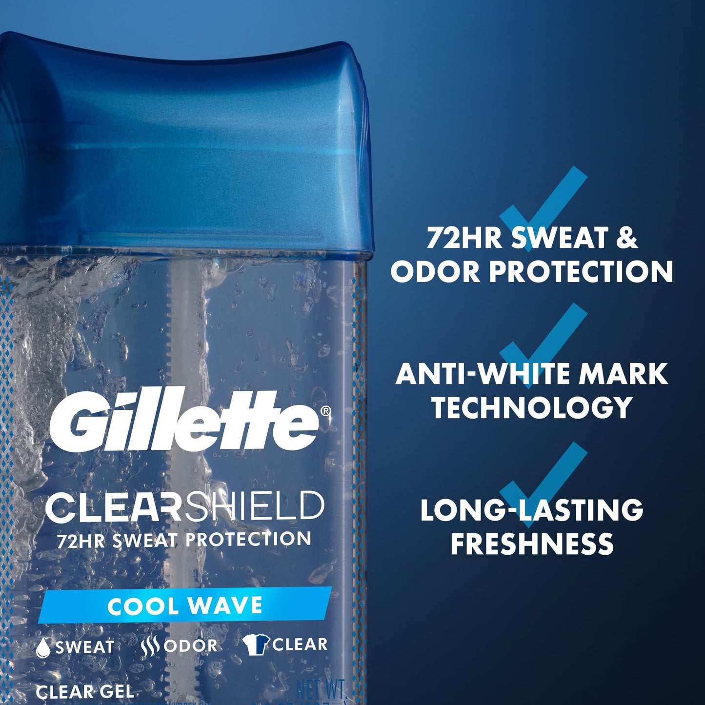 Gillette Antiperspirant and Deodorant for Men, 72hr Sweat & Odor Protection, Long Lasting Freshness, Anti-White Mark Technology, Clear Gel, Cool Wave Scent, 0.5 oz