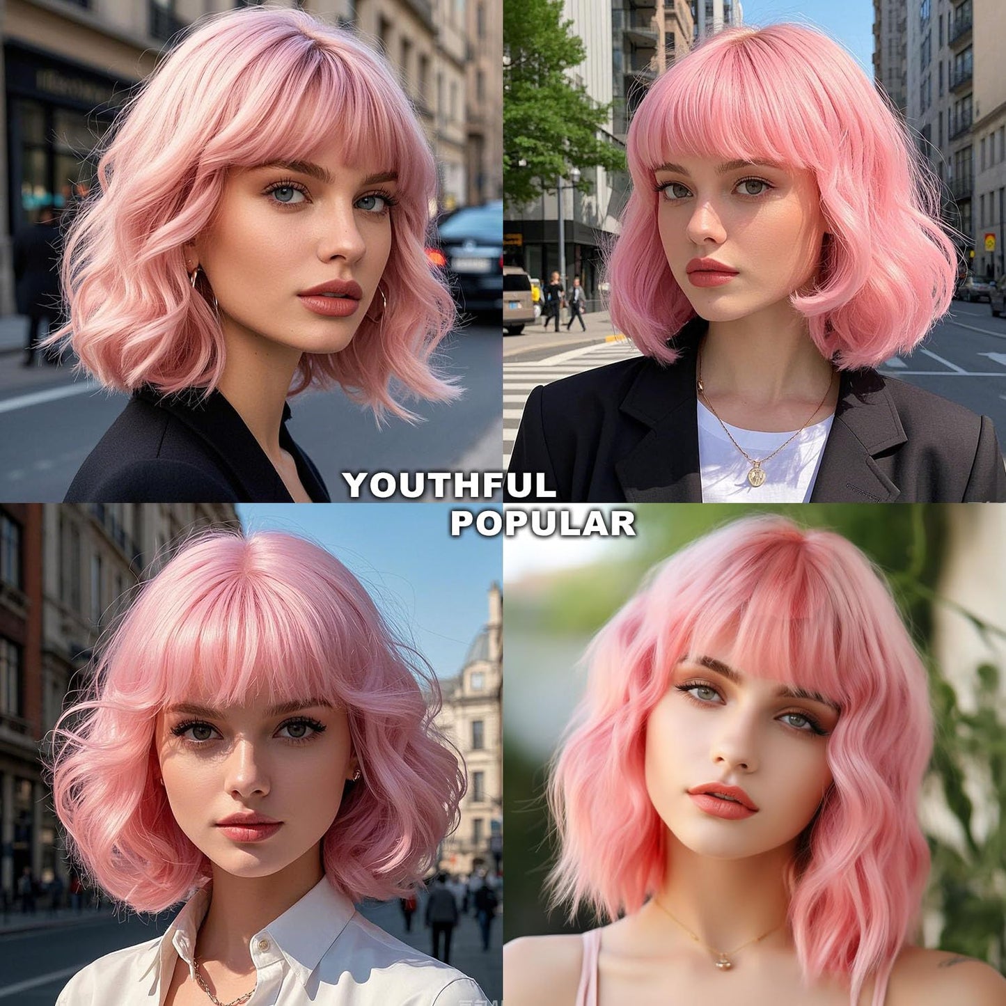 Amarlis Pink Curly Bob Wig with Bangs for Women, Natural Wavy Heat Resistant Synthetic Wig for Cosplay Daily Party Use