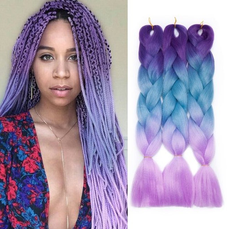 24" Ombre Jumbo Braiding Hair 3 Tone Colored Jumbo Braids Crochet Hair Extensions Box Twist Braid Crochet Hair Ombre Long Jumbo Braids High Temperature (3 Bundles,purple to lake blue to purple）