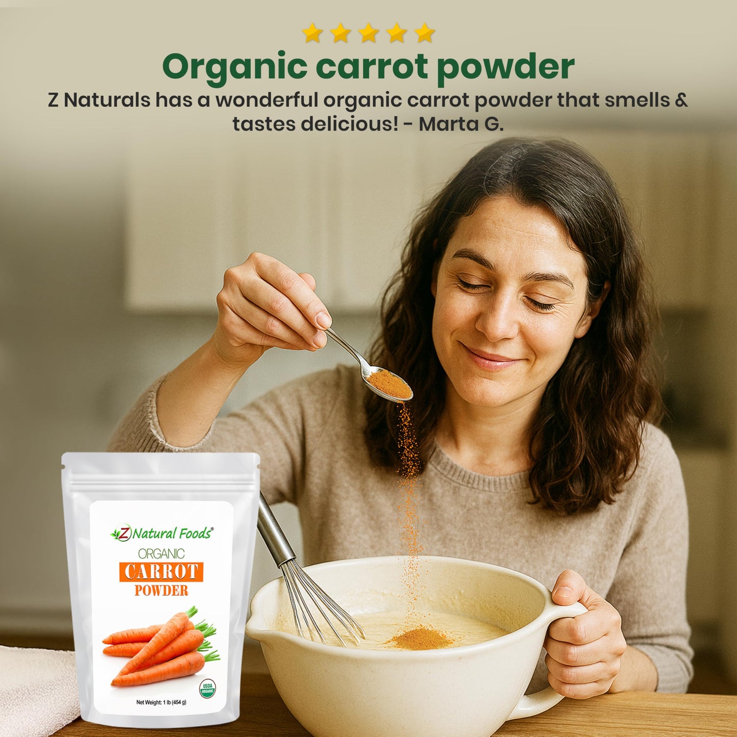 Z Natural Foods Organic Carrot Powder, Natural Superfood Powder for Vision and Heart Health, Great in Juices, Smoothies, and Recipes, Non-GMO, Vegan, Gluten-Free, Kosher, 1 lb.