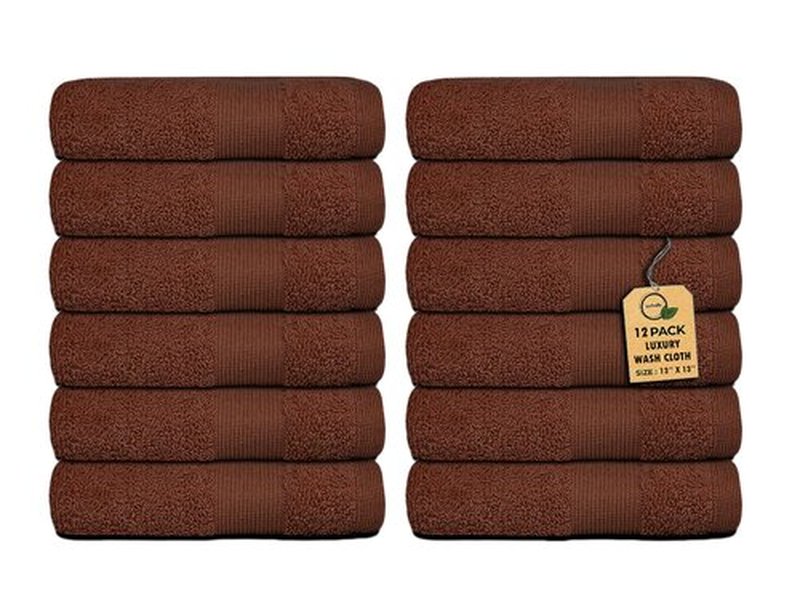 Premium Wash Cloths Pack of 12 (13" x 13" Inches)- 100% Combed Ring Spun Cotton WashCloth - Luxury Washcloths – Ultra Soft Face Towels - Highly Absorbent Wash Cloth for Face (Dark Brown)
