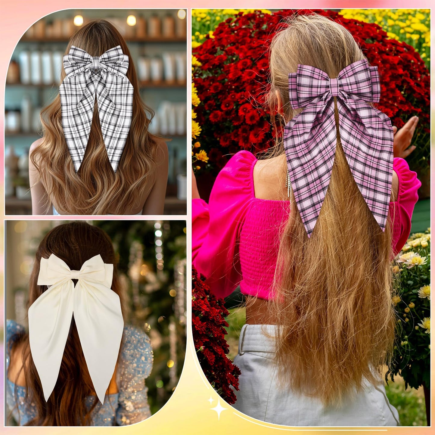 Hoteam 16 Pcs Silky Satin Hair Bows Bulk for Women Large Hair Ribbons Oversized Bows Oversized Long Tail Large Bow-knot Clips Accessories Gifts(Plaid)