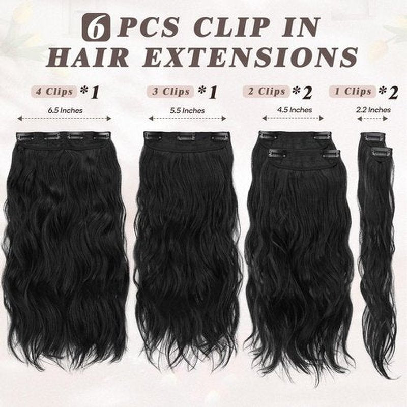 BARSDAR Clip in Hair Extensions - 16 Inch Wavy Black Hair Extensions Clip in for Women - 6PCs Full Head Thick Soft Synthetic Black Clip in Hairpieces Daily Party Halloween- Natural Black