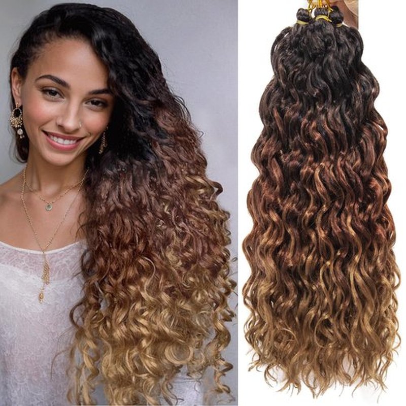 Ocean Wave Crochet Hair 18inch Deep Wave Curly Crochet Hair 6Packs Ombre Blonde Hawaii Curly Braiding Hair Synthetic Bohemian Crochet Braid Water Wave Crochet hair Extensions (18inch, OT3027)