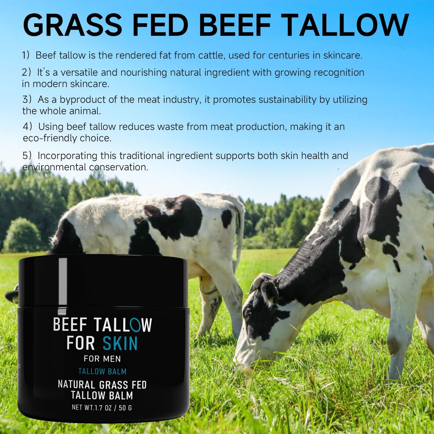 pekinly Beef Tallow for Skin, Beef Tallow Skin Care for Men, Mens Skincare Moisturizer for Face Neck Deeply Nourishing, Unscented Original Tallow Face Moisturizer for Men, 3.4 oz
