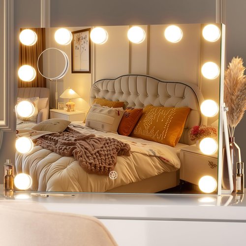 Hasipu Vanity Mirror with Lights, 17.7" x 13.8" Hollywood Mirror, Makeup Mirror with 14 Dimmable Bulbs and 10X Magnification, 3 Colors Modes, Touch Control, 360° Rotation, White