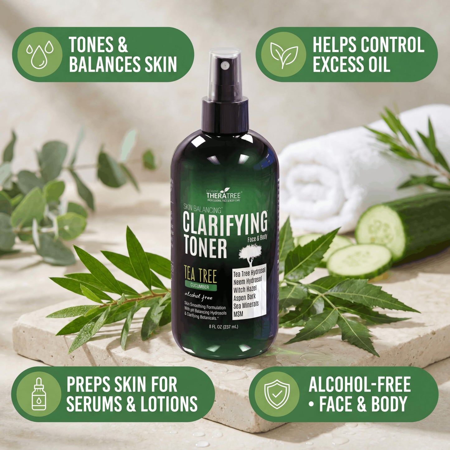 Oleavine TheraTree Clarifying Toner with MSM, Tea Tree & Neem Hydrosol - Alcohol-Free Complexion Control for Face & Body - Reduces Appearance of Pores & Controls Oil - 8 Fl Oz