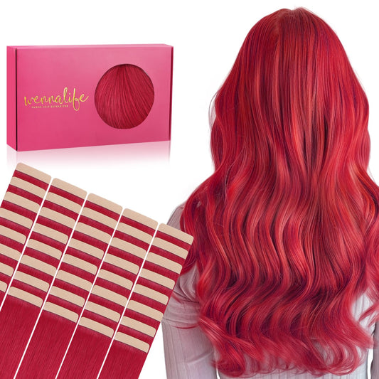 WENNALIFE Tape in Hair Extensions Human Hair, 40pcs 100g 18 inch Red Hair Extensions Real Human Hair Straight Tape in Extensions Invisible Human Hair Extensions Reusable Real Hair Extensions