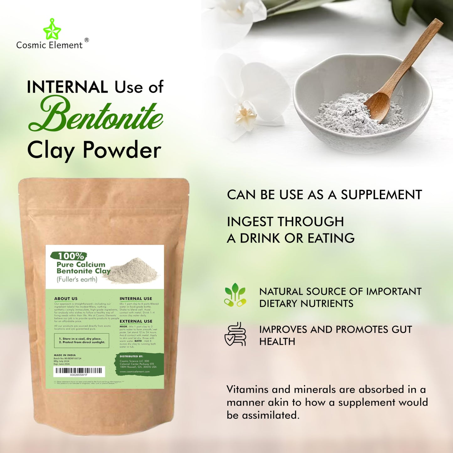 Cosmic Element 100% Pure Calcium Bentonite Clay Powder - Bentonite Clay Food Grade, Vegan, Healing Clay | Skin Care Detox - Deep Pore Cleansing Face & Body Mask for Soft, Smooth, Refreshed Skin | 12oz