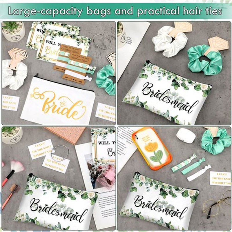 63 Pcs Bridesmaid Proposal Gifts Bulk Maid of Honor Gifts Matron of Honor Gifts Brides Bridesmaid Cosmetic Makeup Bag Hair Knotted Bracelets Invitation Cards for Wedding Bachelorette (Eucalyptus)