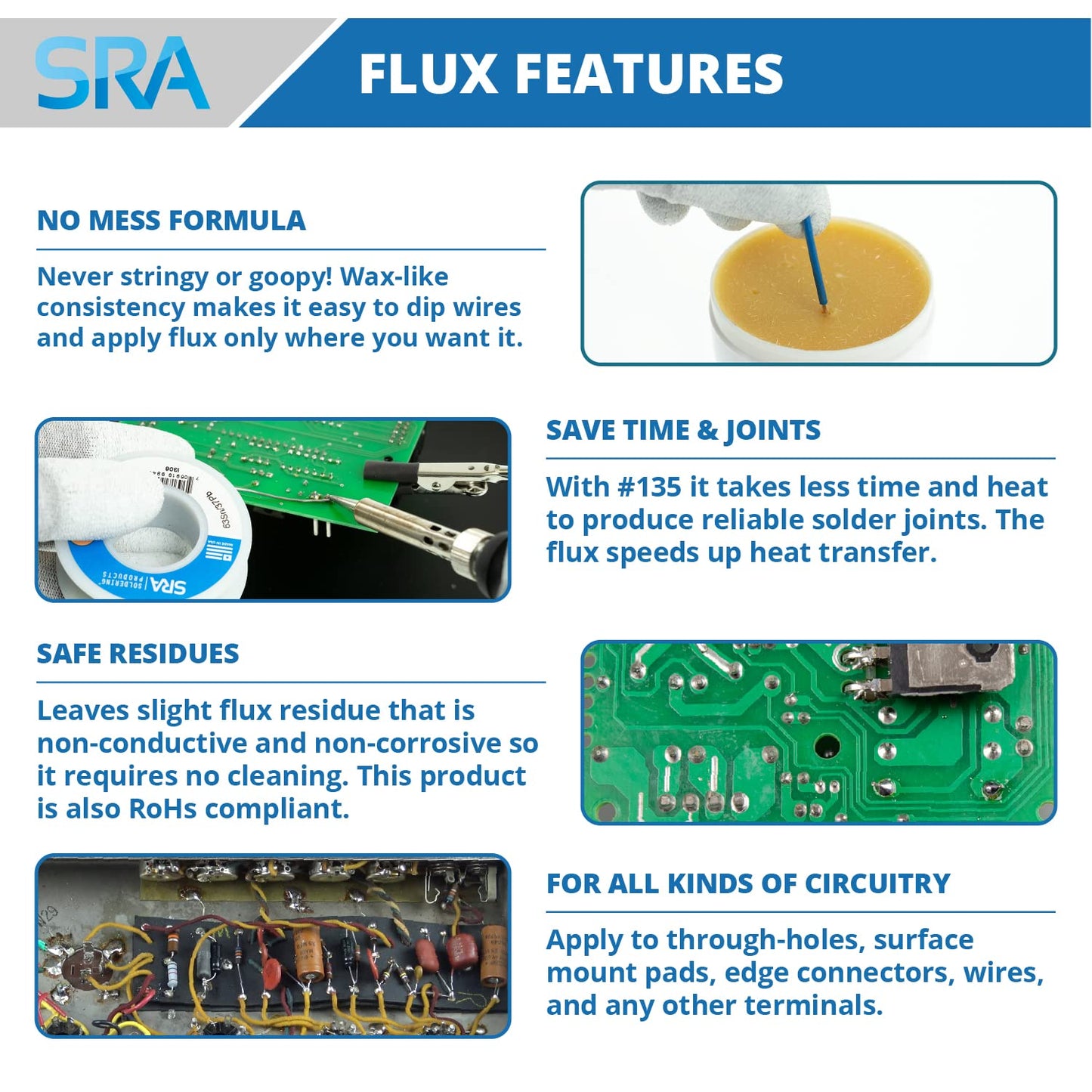 SRA Solder 135 Rosin Paste Soldering Flux For Electronics, No Clean Flux Made for Lead and Lead-Free Solder Circuit Boards and Copper Electrical Wire - Safe Residues with No Goopy Mess (2oz 2-Pack)