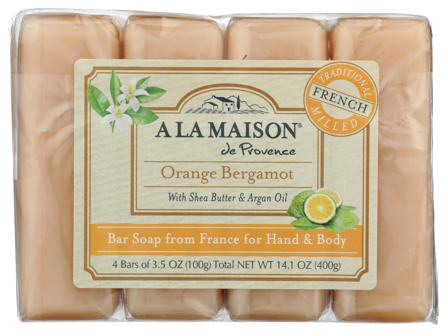 A LA MAISON Orange Bergamot Bar Soap - Triple French Milled Natural Moisturizing Hand Soap Bar (4 Bars of Soap, 3.5 oz)