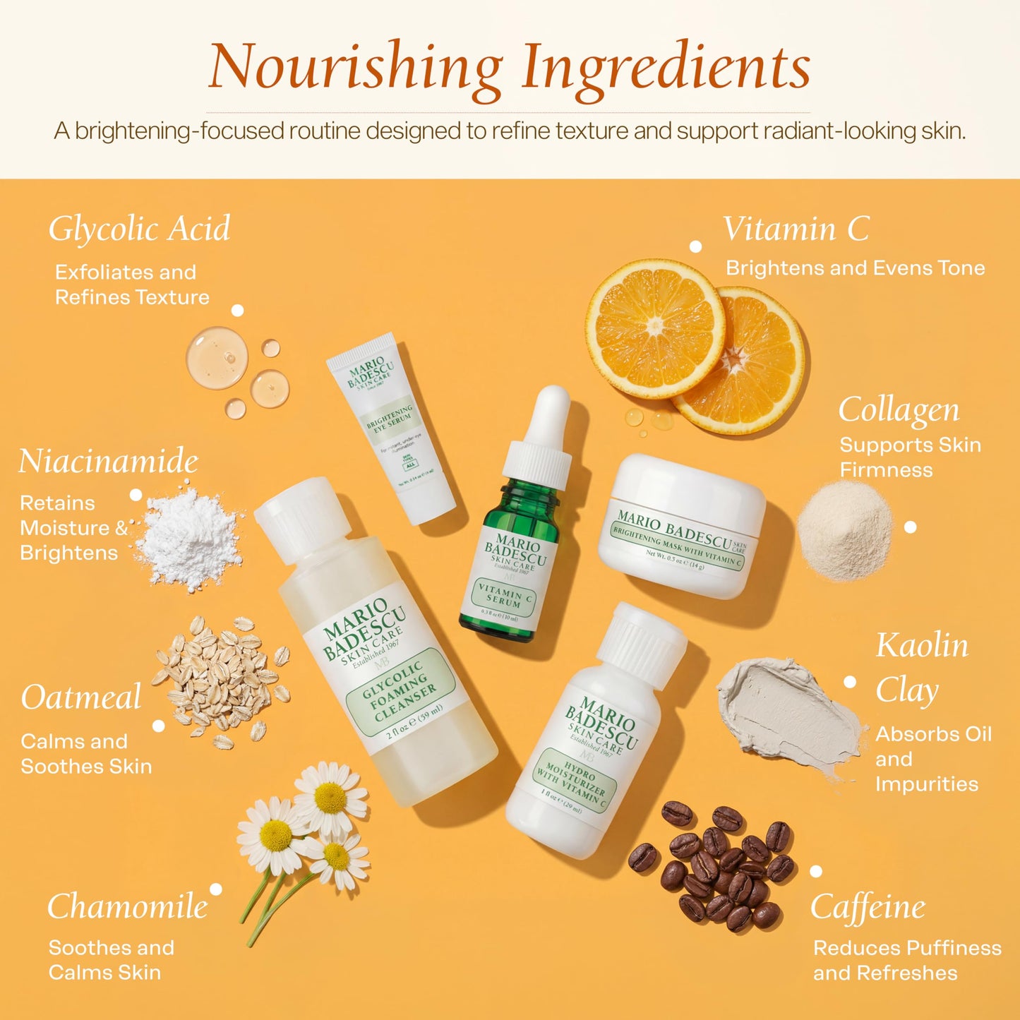 Mario Badescu Good Skin Is Forever & Bright 5-Piece Skincare Set – Glycolic Cleanser, Vitamin C Serum, Hydro Moisturizer, Brightening Mask & Eye Serum for Radiance