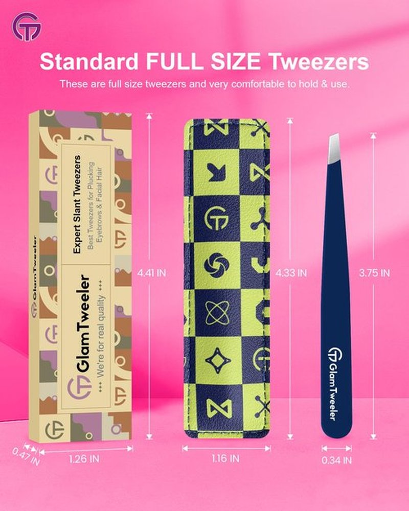 Expert Slant Tip Tweezers with Leather Travel Case, GlamTweeler Sharp & Precision Stainless Steel Tweezer for Eyebrows, Facial Hair and Fine Hairs Removal (Navy Blue)