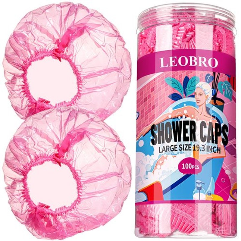 LEOBRO Disposable Shower Caps, 100PCS Large Shower Caps, Shower Caps for Women Disposable, Thick Plastic Hair Caps Plastic Shower Caps, Plastic Caps for Hair Treatment, Large Size 19.3 INCH, Pink