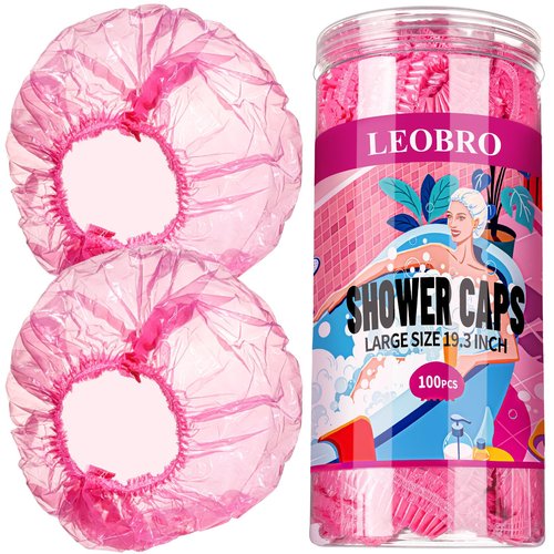 LEOBRO Disposable Shower Caps, 100PCS Large Shower Caps, Shower Caps for Women Disposable, Thick Plastic Hair Caps Plastic Shower Caps, Plastic Caps for Hair Treatment, Large Size 19.3 INCH, Pink