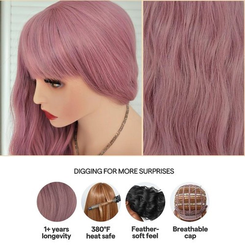 curldiva Pink Bob Wigs with Bangs 16 Inch Loose Wave Curly Wig for Women Shoulder Length Colored Synthetic Hair Daily Wig Lovly Pink Heat Friendly