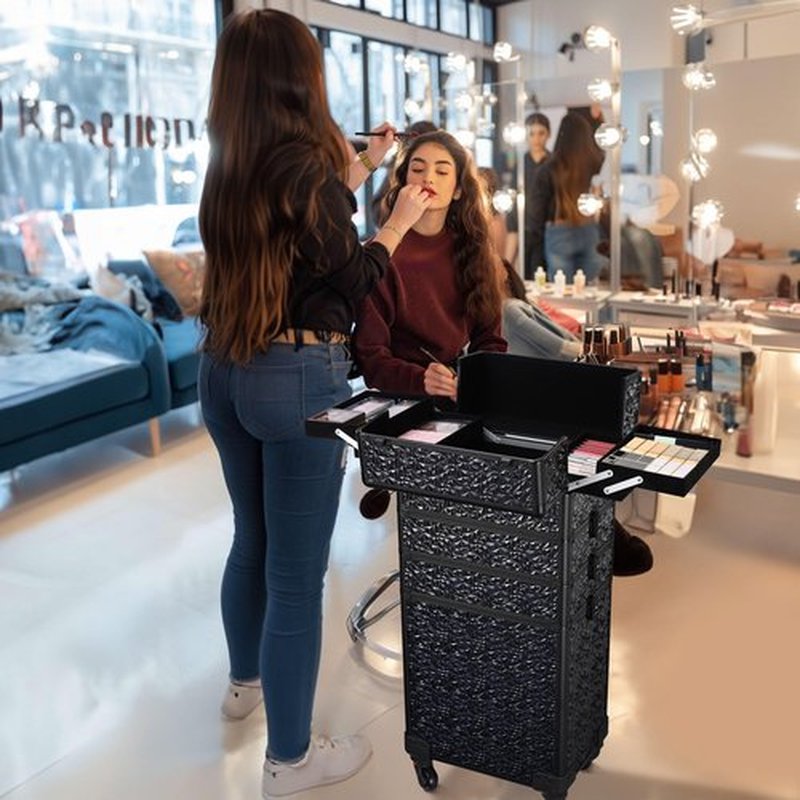 BYOOTIQUE Rolling Makeup Train Case 4in1 Cosmetic Trolley Organizer Travel Case Lockable Salon Barber Case Traveling Cart Trunk with Wheels for Makeup Artist Trave Nail, Mermaid Black