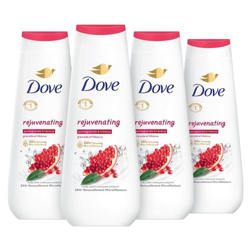 Dove Body Wash Rejuvenating Pomegranate & Hibiscus 4 Count for Renewed, Healthy-Looking Skin Gentle Skin Cleanser with 24hr Renewing MicroMoisture 20 oz